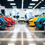 A lineup of sleek, colorful sports cars from the 1980s, shining under the bright lights of a showroom