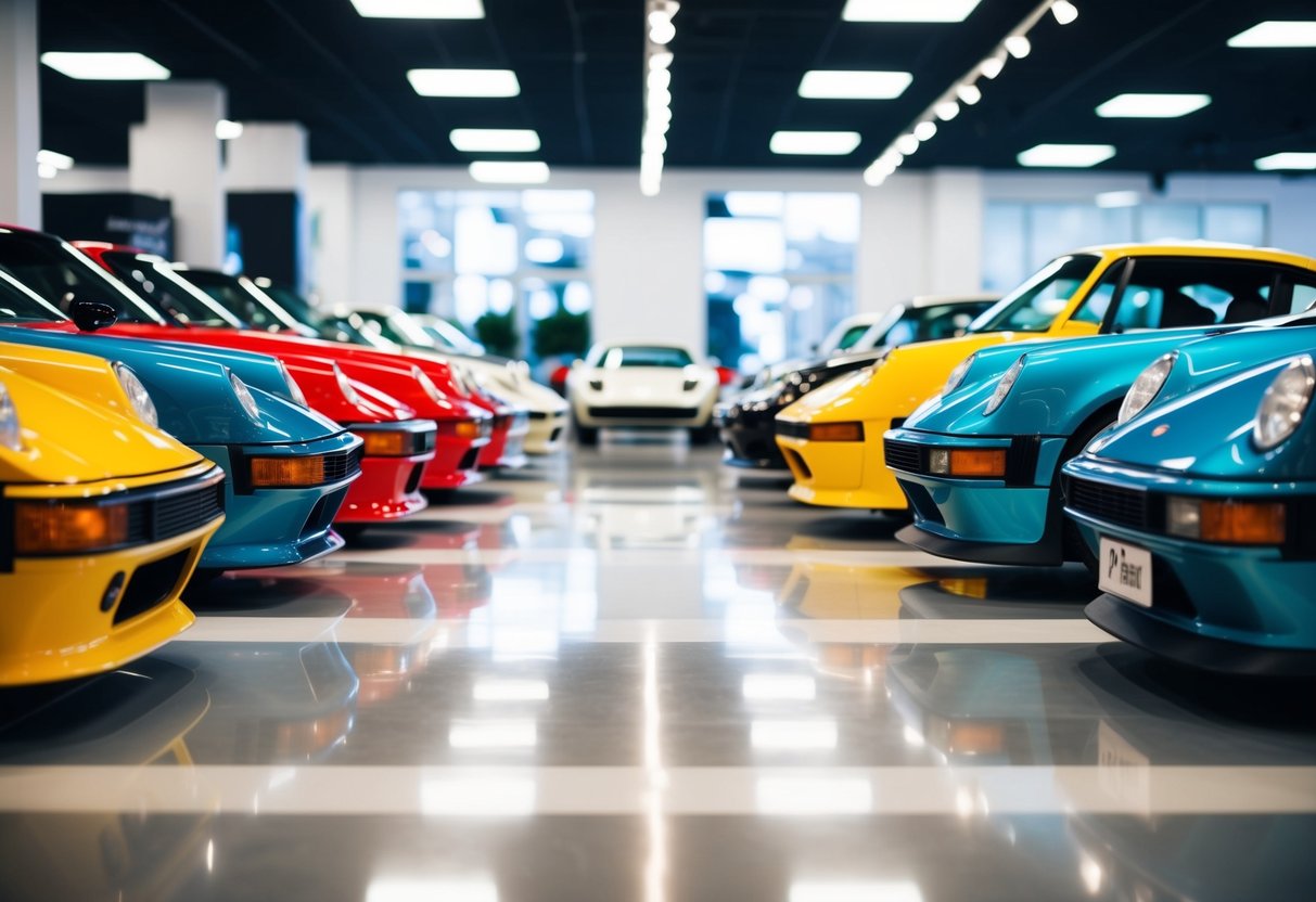 A lineup of sleek, colorful sports cars from the 1980s, shining under the bright lights of a showroom