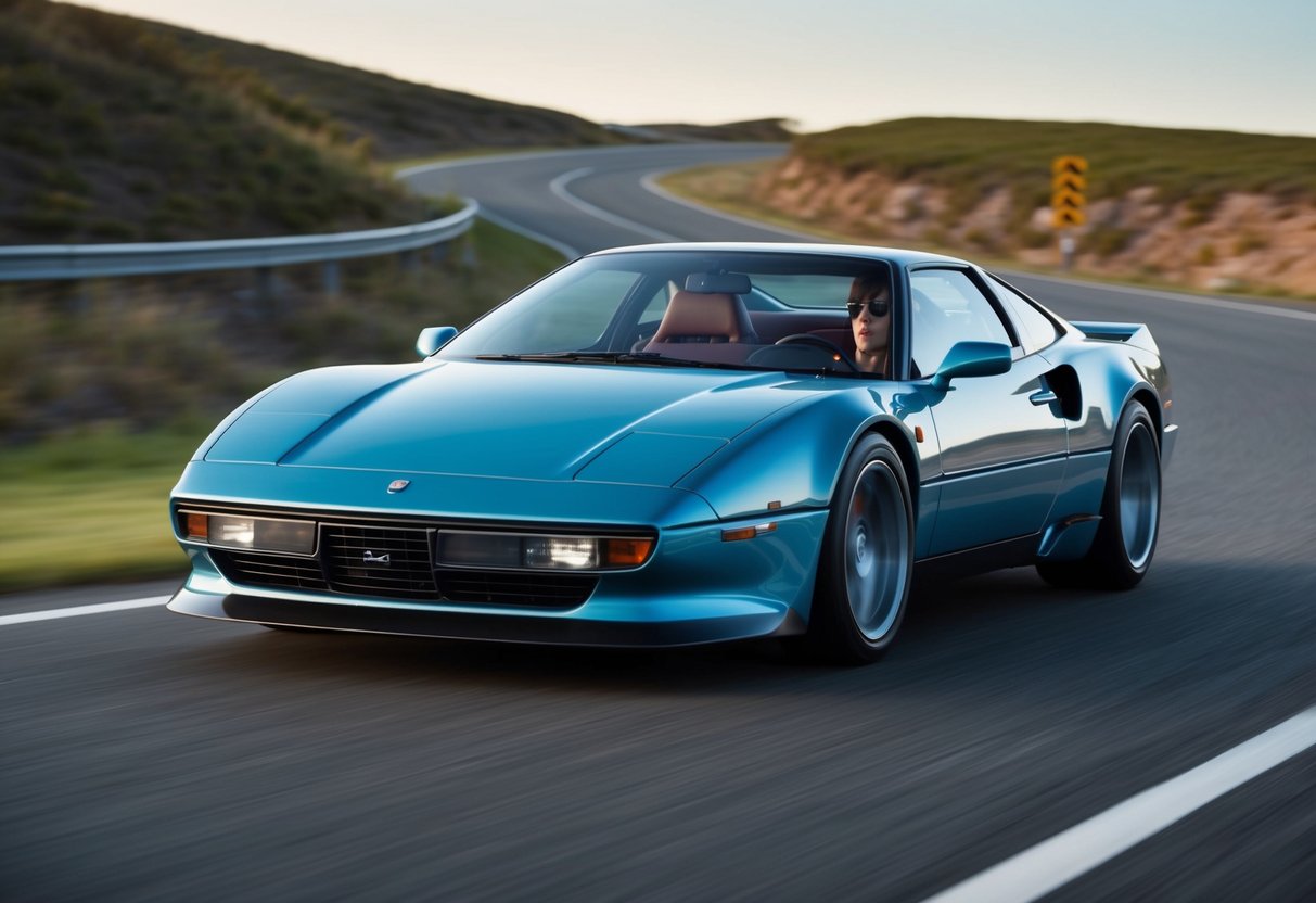 A sleek, futuristic sports car from the 1980s zooms down a winding road, showcasing its game-changing auto technology