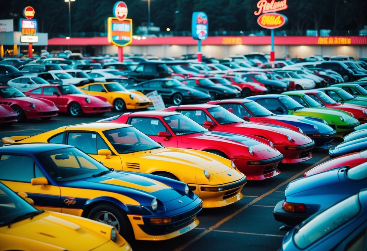 A crowded parking lot filled with vibrant, sleek sports cars from the 1980s, each one boasting unique designs and bold colors. Neon lights and retro signage add to the nostalgic atmosphere