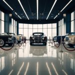 A sleek showroom with vintage luxury cars displayed on polished floors, surrounded by spotlights and velvet ropes