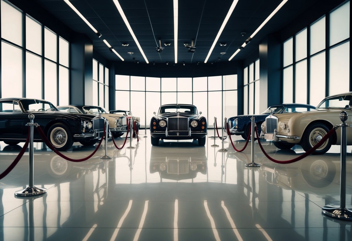 A sleek showroom with vintage luxury cars displayed on polished floors, surrounded by spotlights and velvet ropes