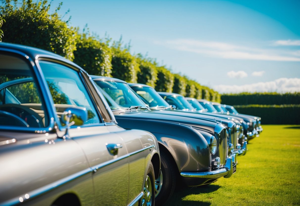 A row of classic luxury cars gleaming under the sunlight, surrounded by lush greenery and a clear blue sky