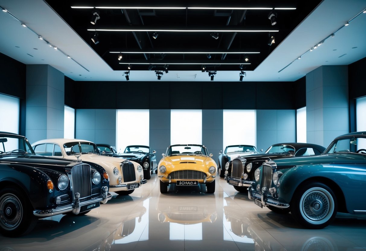 A collection of classic luxury cars from different eras, gleaming under the spotlight in a sleek, modern showroom