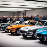 A sleek lineup of classic cars gleaming under the auction house lights, surrounded by a crowd of eager bidders and enthusiasts