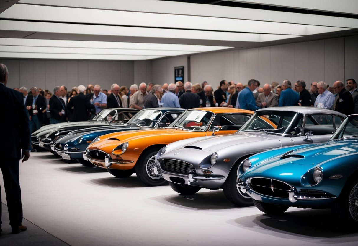 A sleek lineup of classic cars gleaming under the auction house lights, surrounded by a crowd of eager bidders and enthusiasts