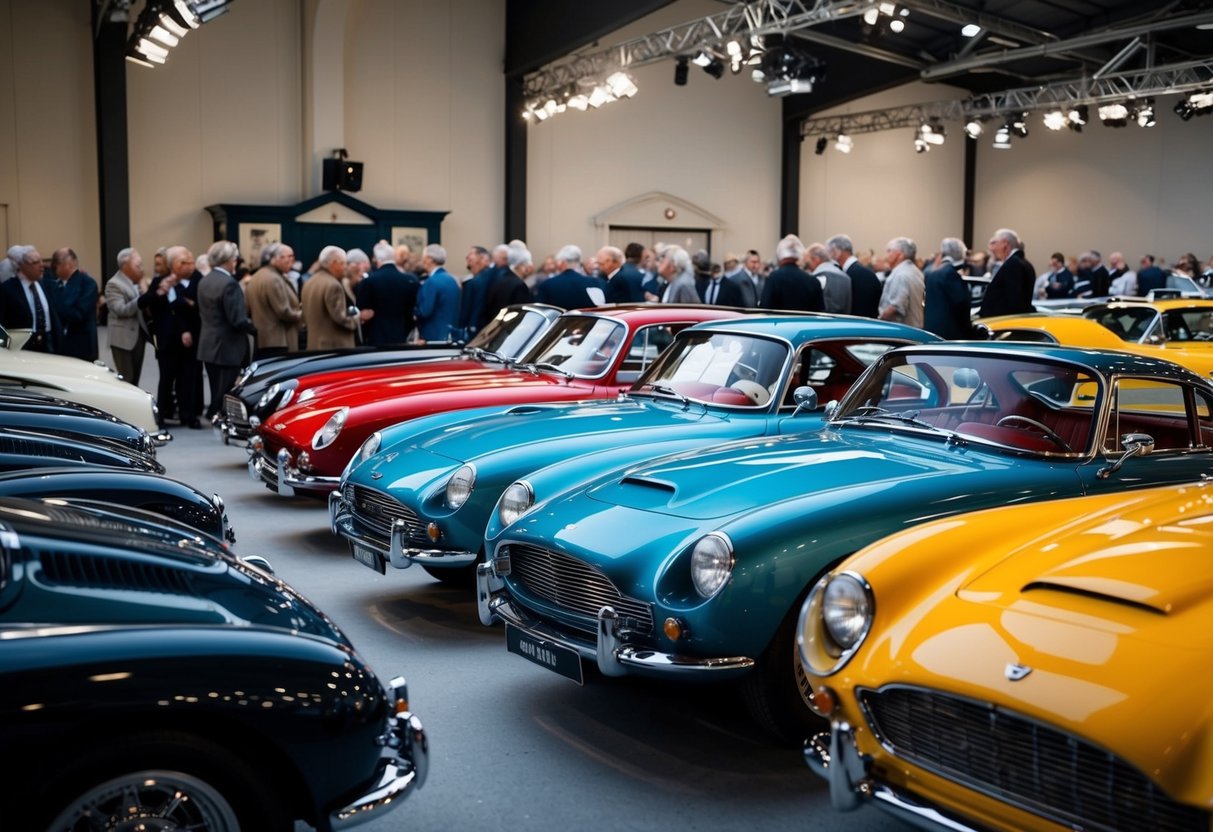 A lineup of vintage classic cars gleaming under spotlights at a prestigious auction house, surrounded by eager bidders and enthusiasts