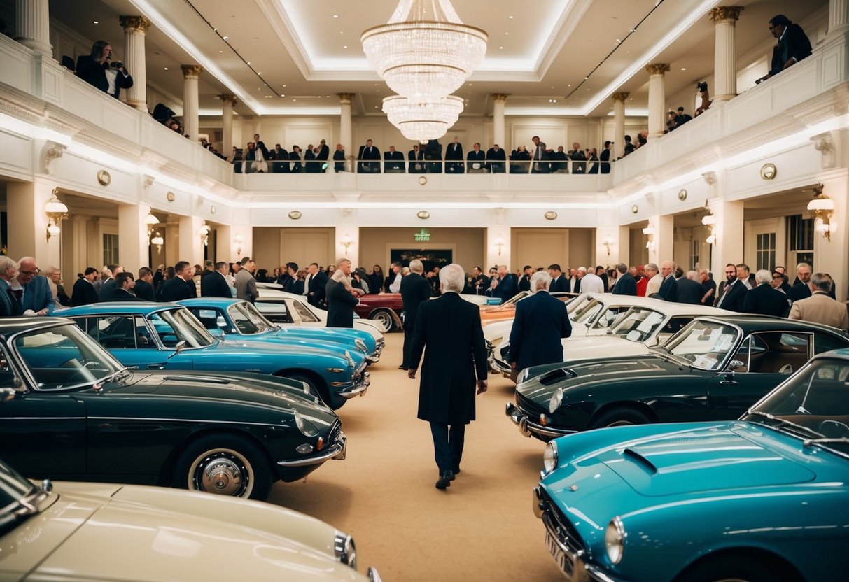 Auction house filled with vintage cars, elegant setting, bright lights, eager bidders, and classic cars on display