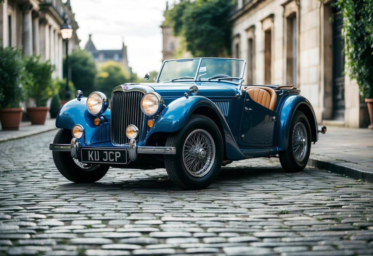 A classic British roadster parked on a cobblestone street, surrounded by historic architecture and lush greenery