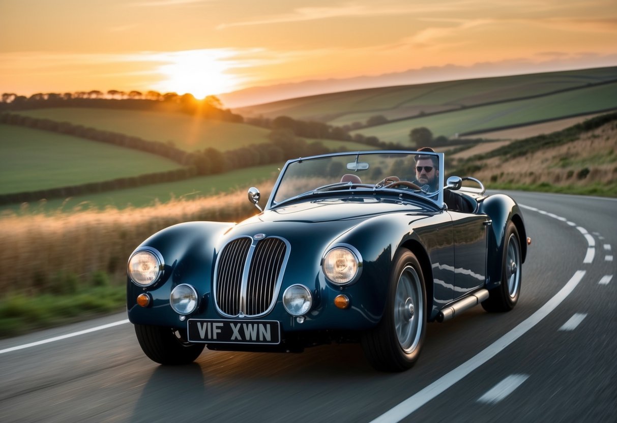 A classic British roadster speeds through a winding countryside road, with the wind in its occupants' hair and the sun setting behind rolling hills