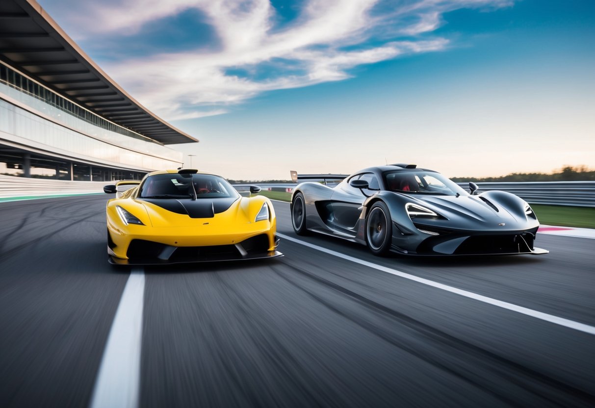 A hypercar and a supercar racing side by side on a sleek, futuristic track, with the hypercar showcasing superior speed and power