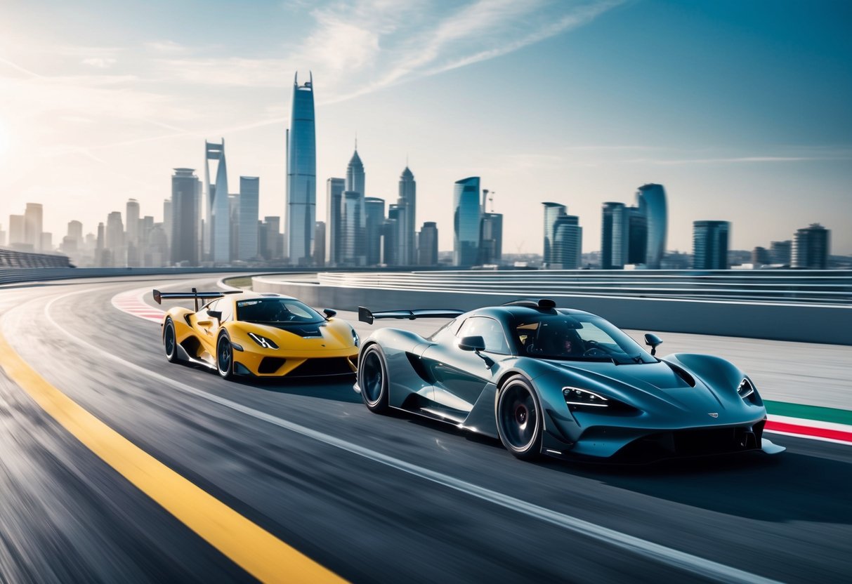 A hypercar and a supercar racing side by side on a sleek, futuristic track, with high-speed motion blur and a backdrop of a glamorous city skyline