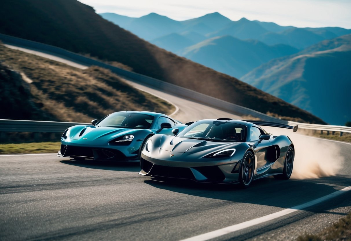 Two sleek and powerful cars racing side by side on a winding mountain road, with the hypercar leaving a trail of dust behind as it pulls ahead of the supercar