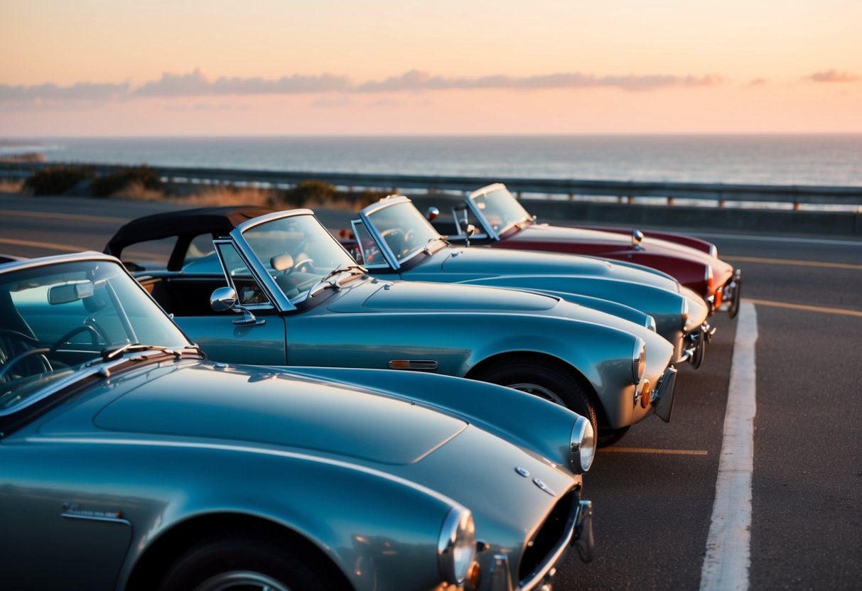 A row of classic American roadsters parked along a scenic coastal highway at sunset, with the ocean in the background and a warm, nostalgic glow