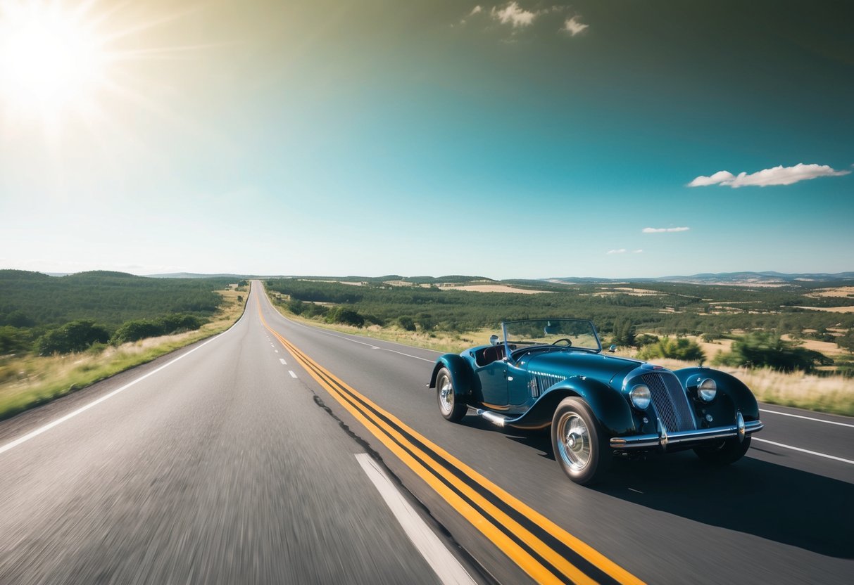 An open road stretching through a picturesque landscape, with a classic American roadster cruising along under a bright, sunny sky