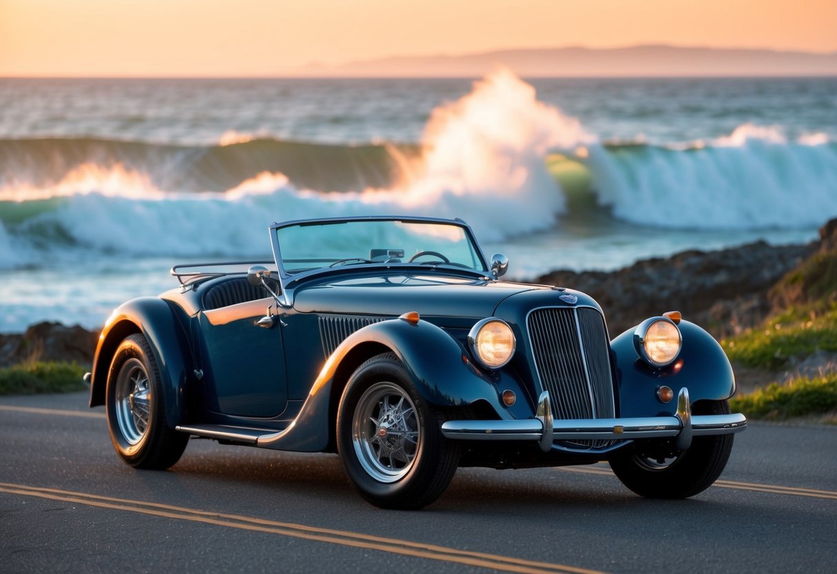 A vintage American roadster parked on a scenic coastal road, with waves crashing in the background and a vibrant sunset casting a warm glow over the scene